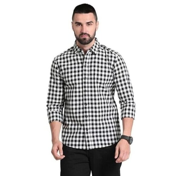 Calibrate Trim Fit Non-Iron Navy Blue/White Plaid Dress Shirt Mens Size 16 - Picture 1 of 7